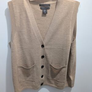 Tahari Fine  Wool Women's Granola Color Sweater Vestin with Brown Buttons